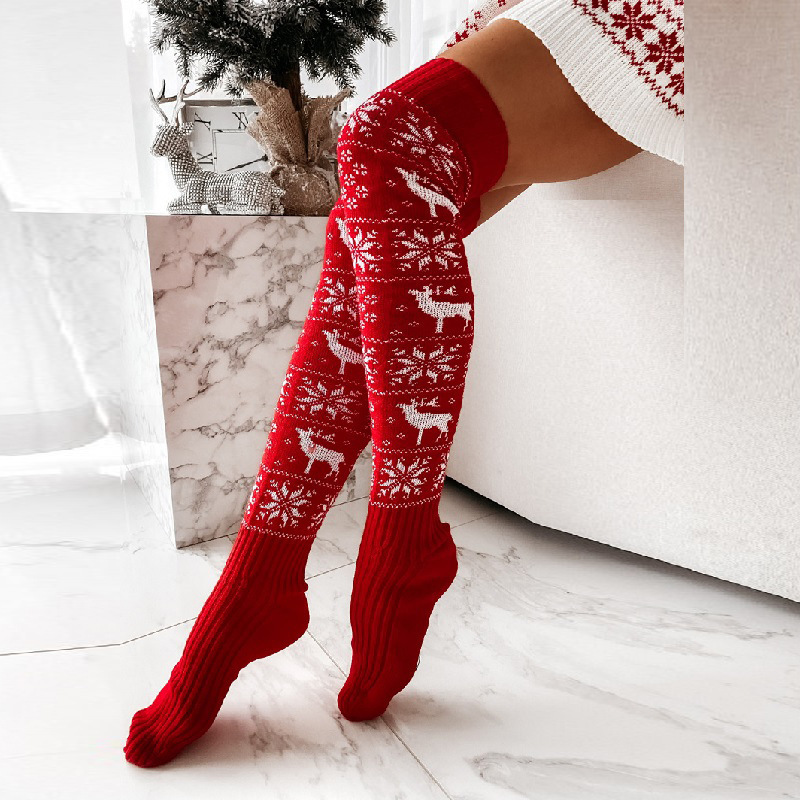 Winter Christmas Warm Knitted Women Stocking Beautiful Elk Snowflake Jacquard Over-the-knee Casual Long Socks For Ladies Gifts Free Size - Image 5