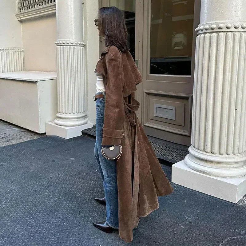 Double Breasted Lapel Shift Coat With Belt Fashion Vintage Suede Long Coat Winter Outwear Women's Clothing - Image 3