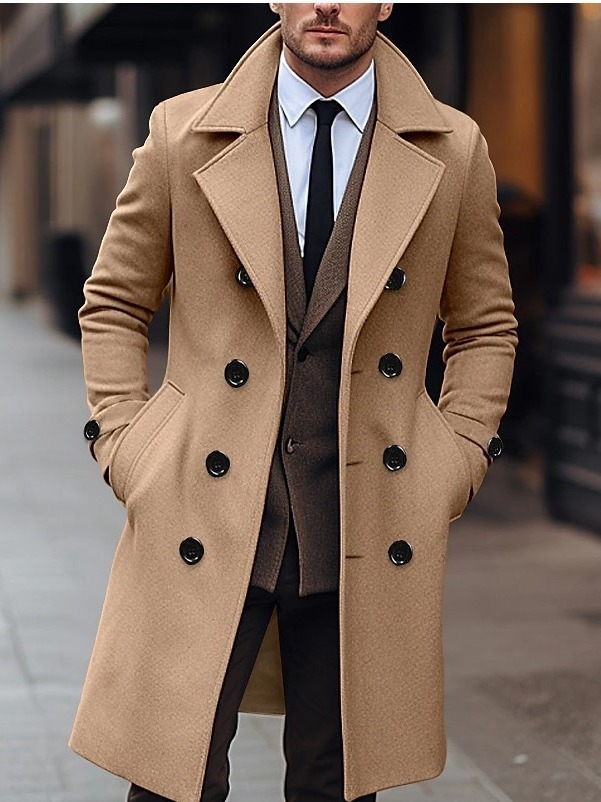 Fall Winter Men Woolen Coat Double Breasted Long - Image 3