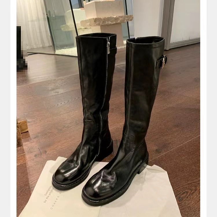 Washed Horse Leather Belt Buckle Thick Bottom Thigh High Boots Women - Image 4