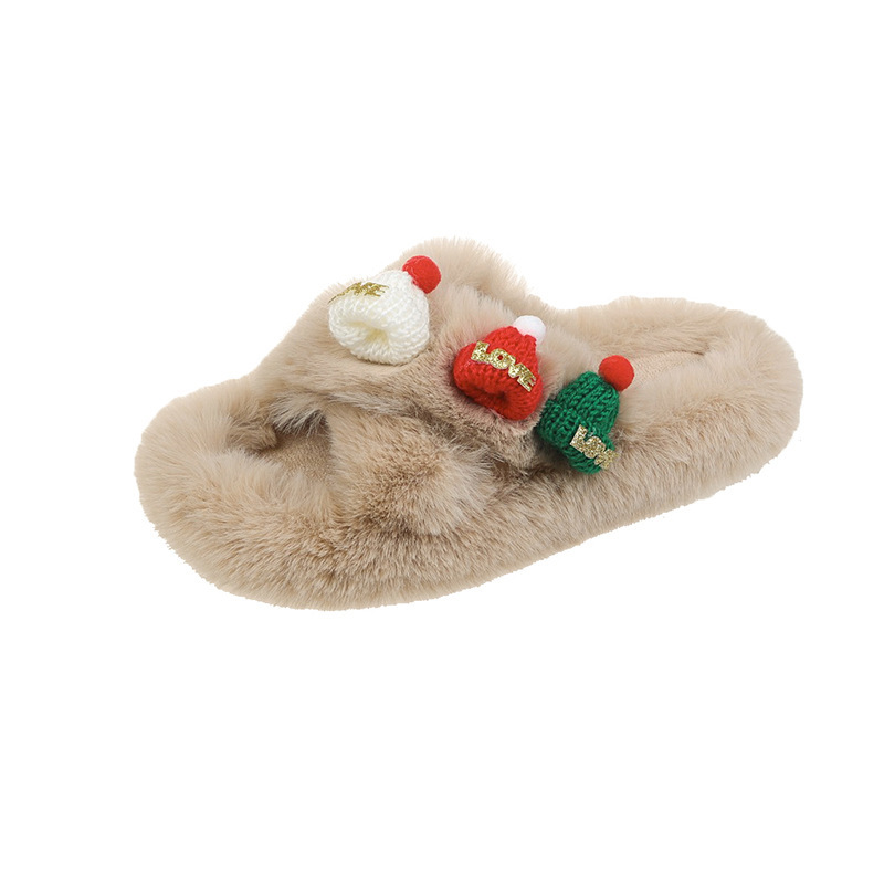 Christmas Hat Fluffy Slippers Women's Warm Toe Covering Cotton Slippers — изображение 8