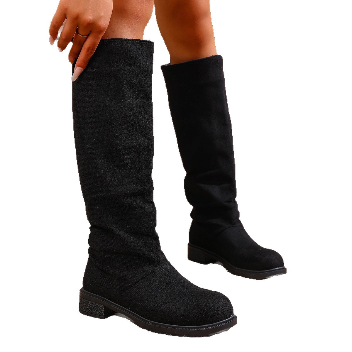 European And American Fashion Suede Sleeve High Leg Boot Low Heel Large Size Below The Knee Boots - Image 5
