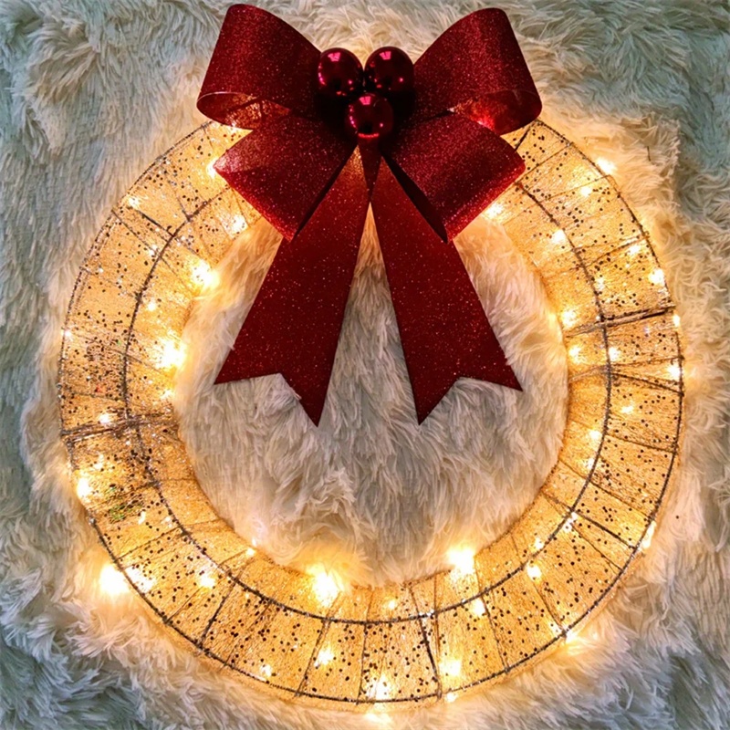 Christmas Garland 50CM Luminous LED Warm Light Metal Luminous Wreath With Big Bowknot Christmas Front Door Home Holiday Party Door Hanging Decor — изображение 3