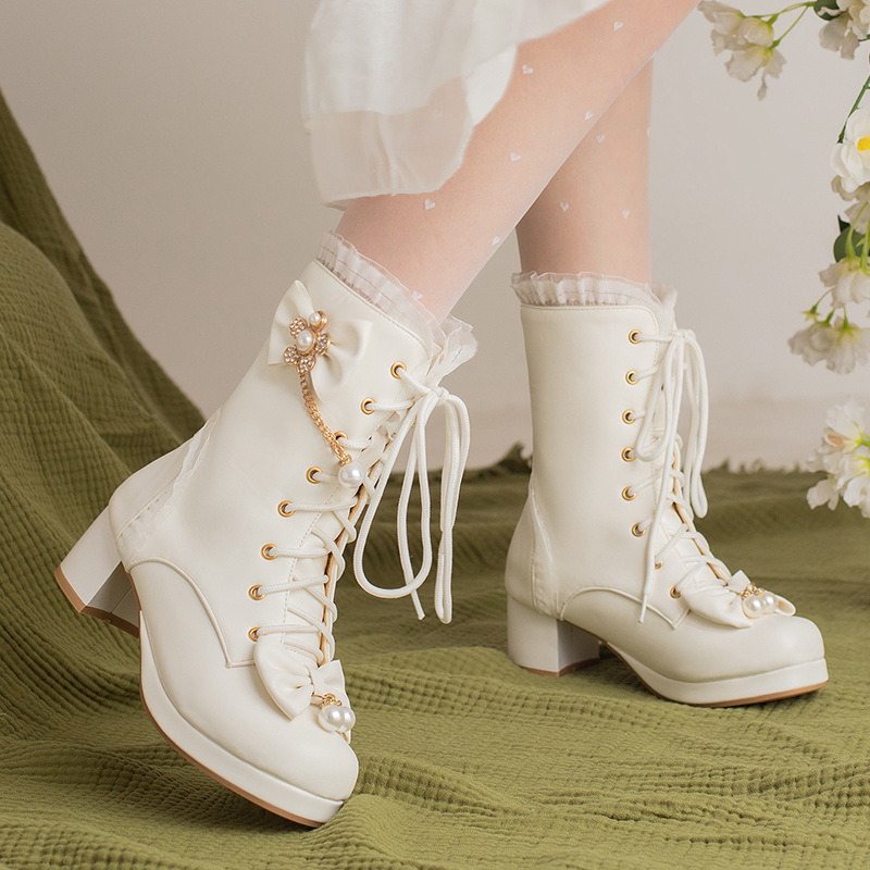 Female Bow Thick Heeled Short Boots Lolita Shoes - Image 6