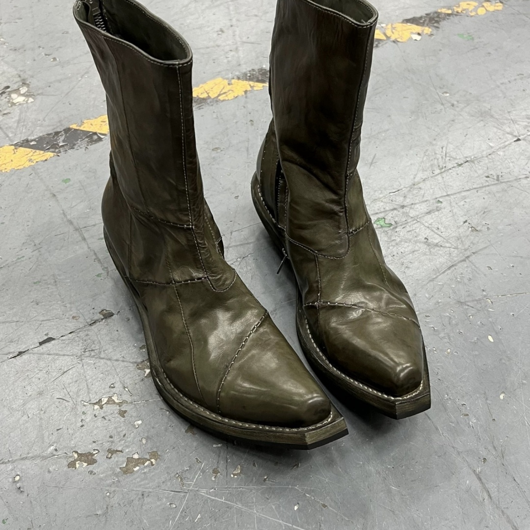 Men's Retro Dark Stitched Patchwork Square Toe Boots - Image 6