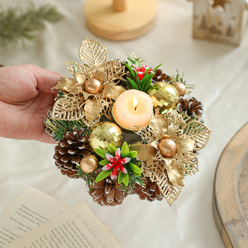 Christmas Candle Metals Candlestick Wreath Artificial Pinball Pinecone Candle Holder Fake Leaves Xmas New Year Home Table Decor – Bild 5