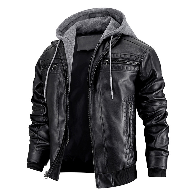 Hooded Jacket With Zipper Pockets Fashion Warm Pu Leather Coat Mens Clothing - Image 4