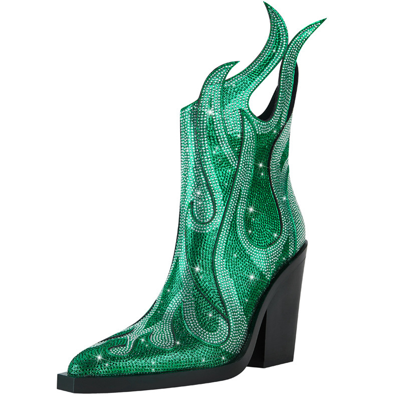 New Sexy Square Toe Chunky Heel Rhinestone Flame Martin Boots - Image 6