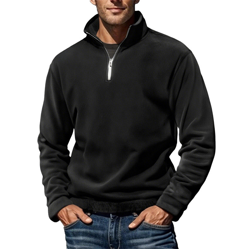 Men's Polar Fleece Top Pure Color Simple Casual Stand Collar Pullover Sweater - Image 3