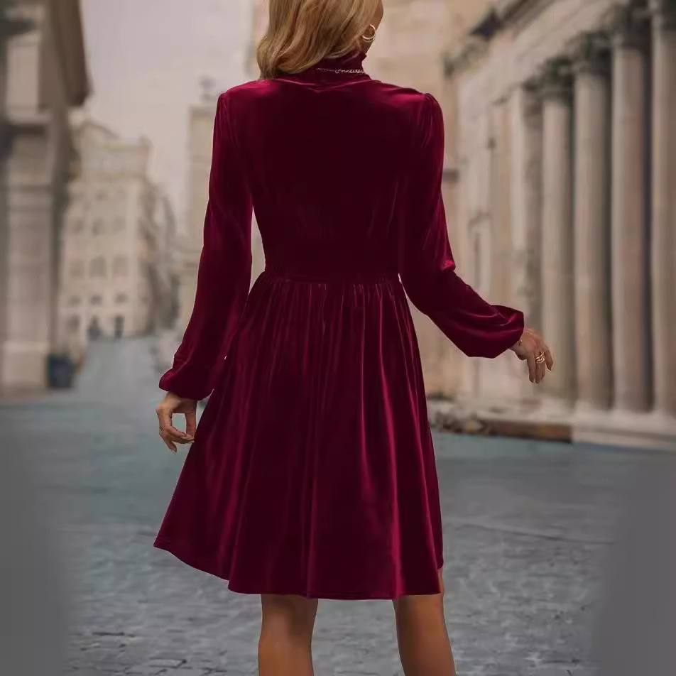 Graceful Stand Collar Solid Color Velvet Long Sleeve Dress - Image 4