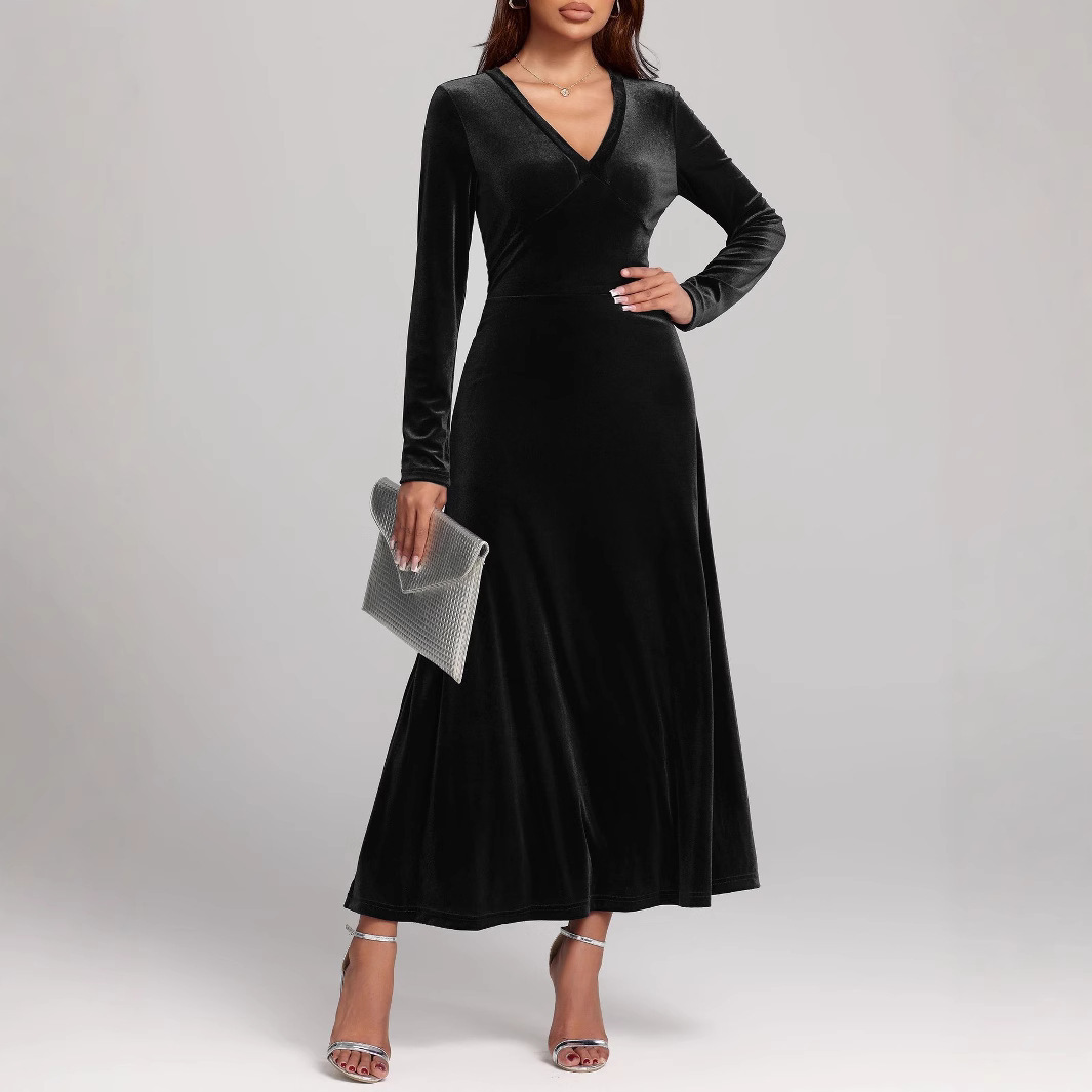 V-neck Long Sleeve Evening Dress Pleuche Dress - Image 2