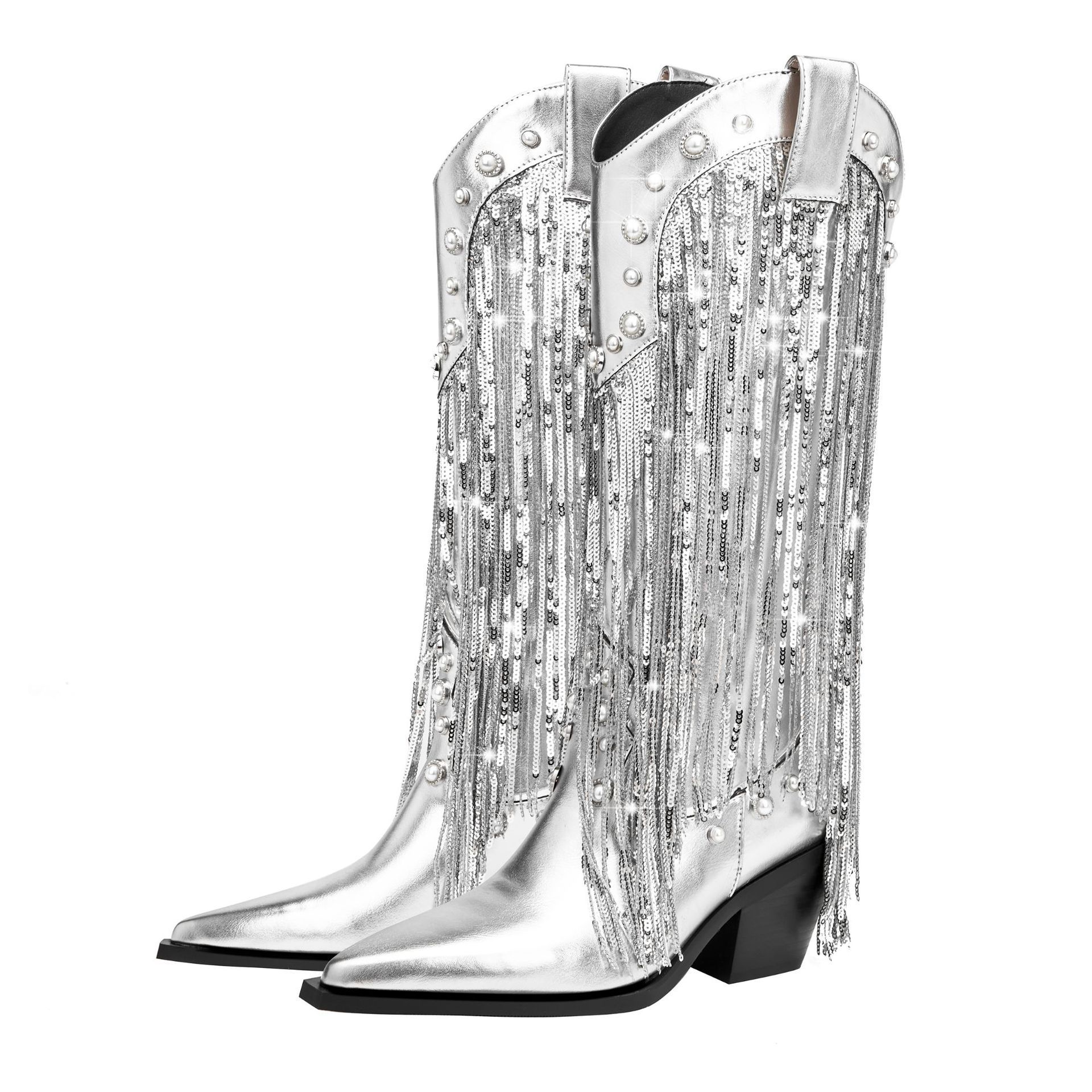 Sequin Tassel Pointed Sleeve High Leg Boot - Image 5