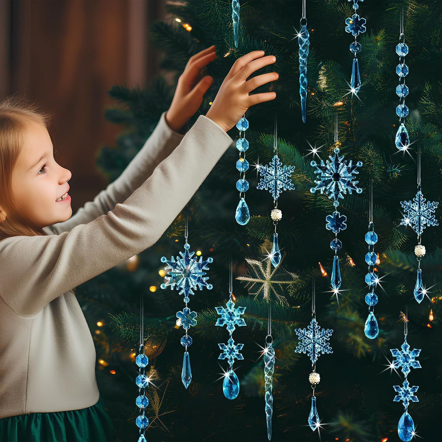 18 Pieces Light Blue Acrylic Snowflakes Icicle Christmas Tree Decoration Pendant - Image 2