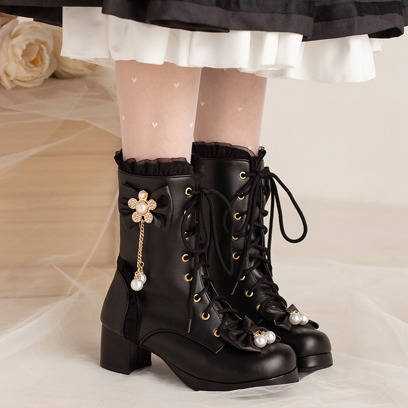 Female Bow Thick Heeled Short Boots Lolita Shoes - Image 3