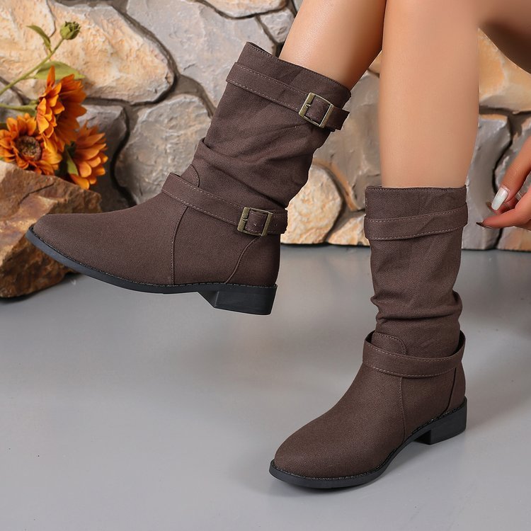 Square Heel Round Toe Women's Denim Leather Boots - Image 8