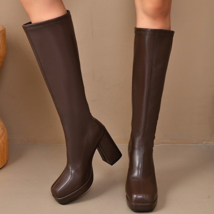 High Heel Small Chunky Heel Stretch Slimming Below The Knee Boots — изображение 7