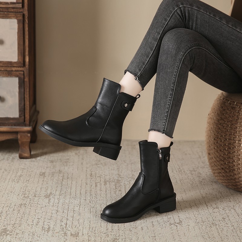 Women's Low Heel Round Toe Boots Side Zip Short Boots - Image 2