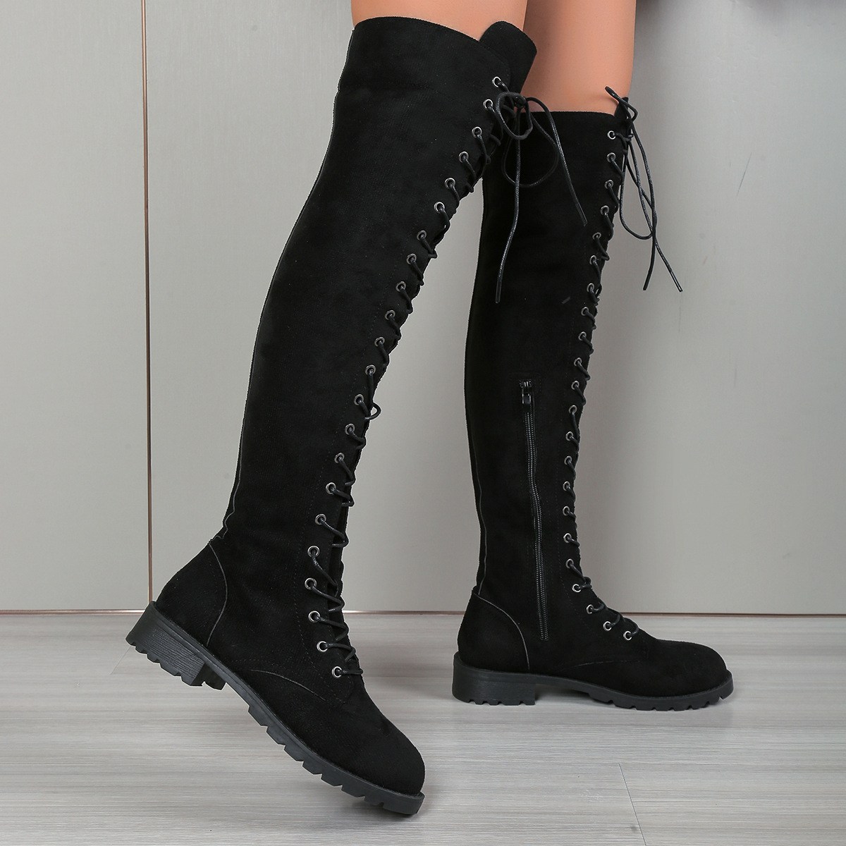 European And American Lace-up Over The Knee Boots Round Head