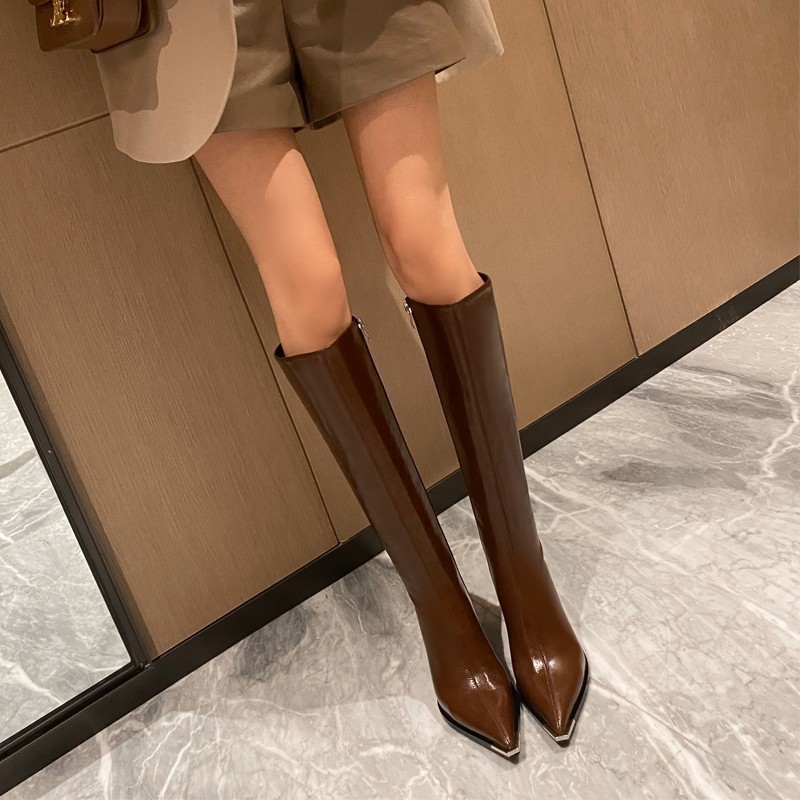 Soft Leather Pointed Toe Thick High Heel Long Boots - Image 3