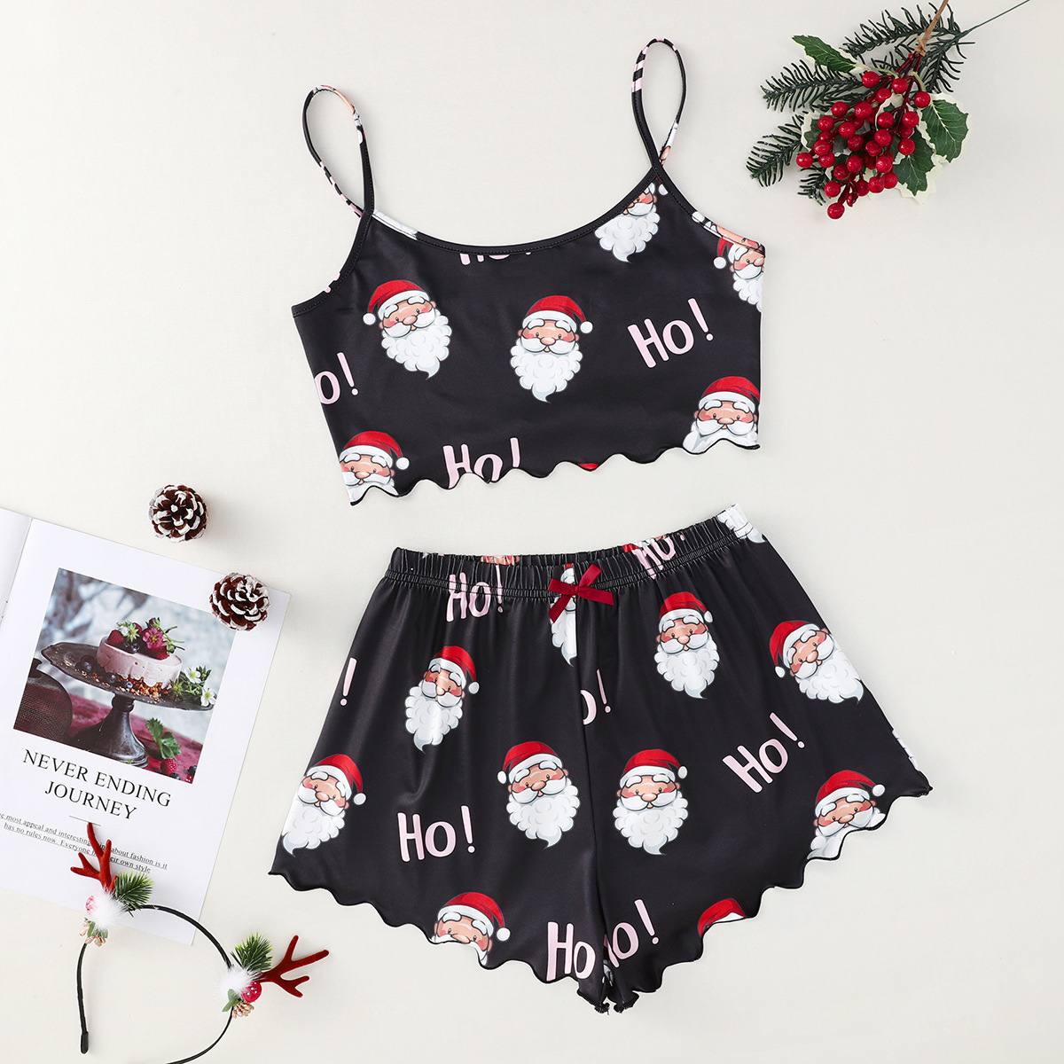Christmas European And American Thin Pajamas Women's Sleeveless Shorts Milk Silk Simple Casual Two-piece Suit Homewear - Image 7
