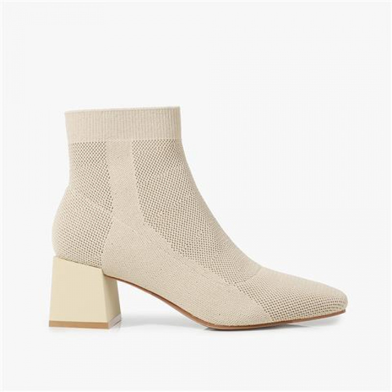 All-match Stretch Knitted High Heel Solid Color Chunky Heel Square Toe Booties Women - Image 7