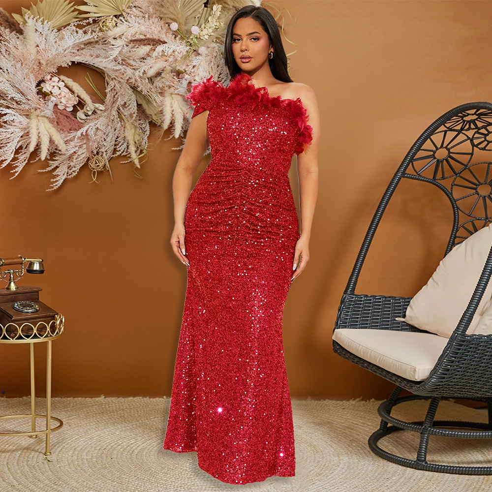 Black Paillette Feather Stitching Sequin Sexy Evening Dress Women – Bild 3