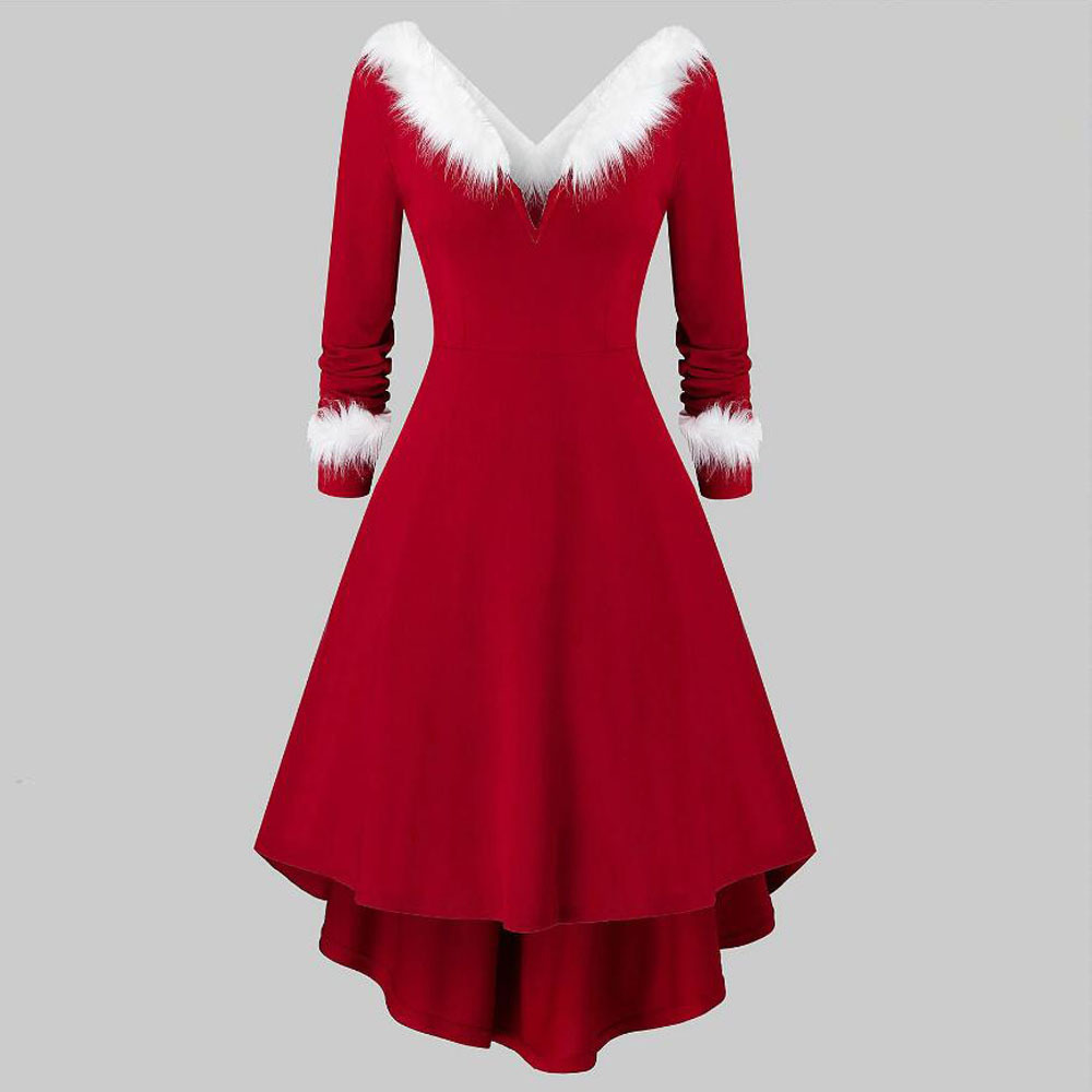 Christmas Women's Fur Patchwork V-neck Long Sleeved Dress - Image 7