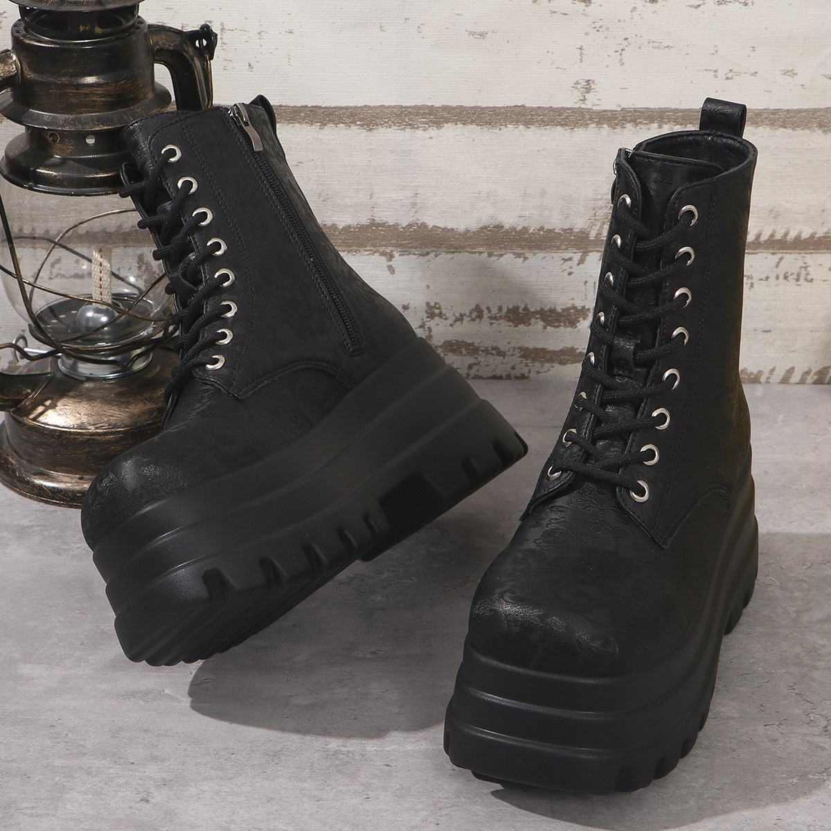 Women's Three-layer Platform Plus Round Toe Patchwork Retro Cool Martin Boots - Image 7