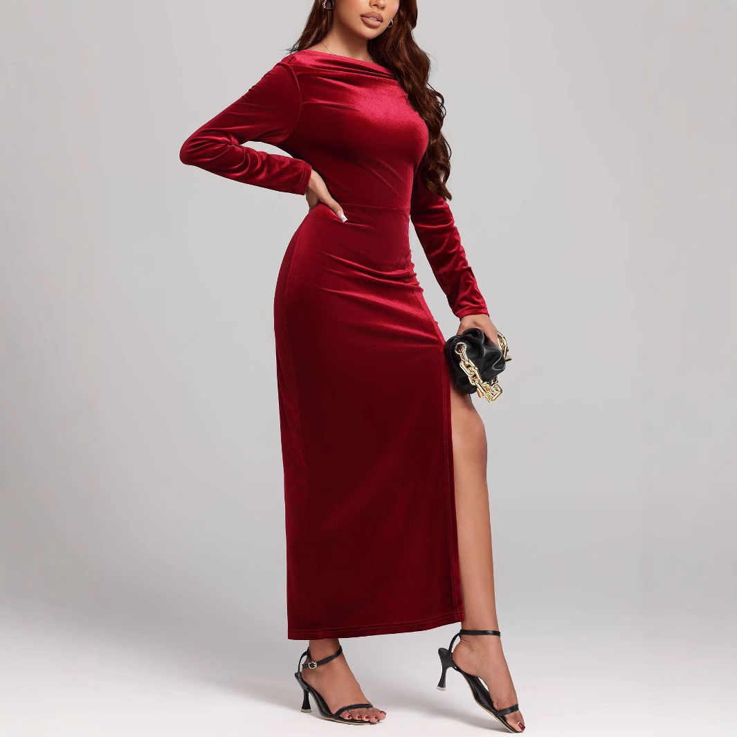 Women's Clothing Slit Formal Dress Pleuche Dress - Image 4