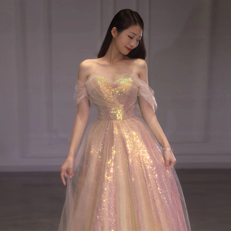 New Mesh Slimming Annual Party Banquet Host Mermaid Off-shoulder Evening Dress For Women - Image 2