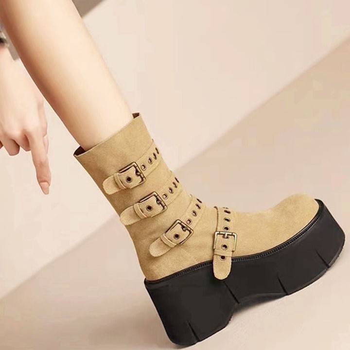 Platform Wedge Booties Women's Belt Buckle Muffin Middle Boots - Image 3