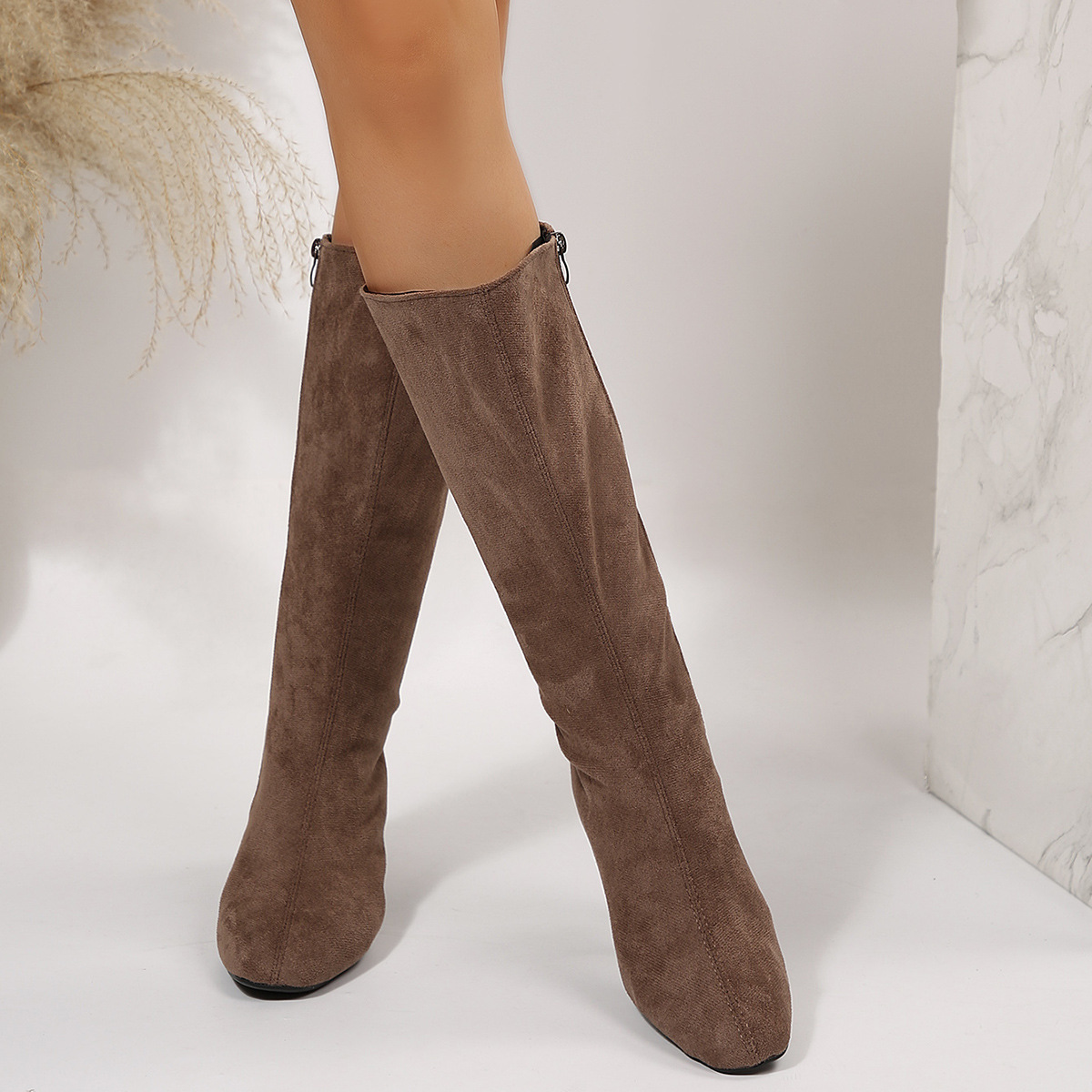 Wide Pointed Toe Chunky Heel Below The Knee Long Boots - Image 4