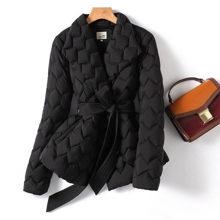 Winter Ripple-stitching Jacket With Belt Fashion Warm Pockets Lapel Coat Women's Temperament Lightweight Outwear Clothing - Image 7