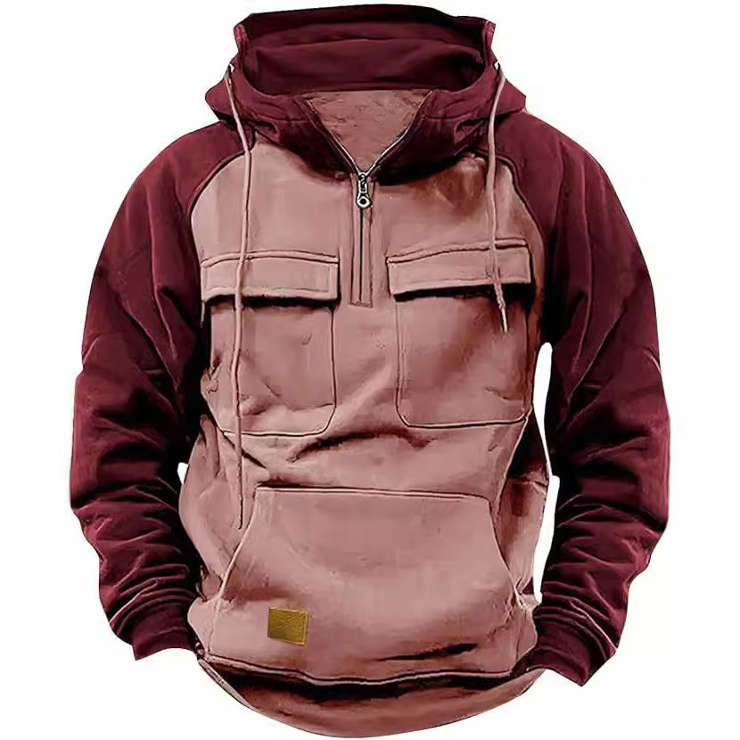 Fall Winter Retro Cargo Hoodies Men's Half Zipper Solid Warm Fleece Sweatshirts Multi Pockets Male Hooded Jackets Thick Outdoor Hooded - Image 6