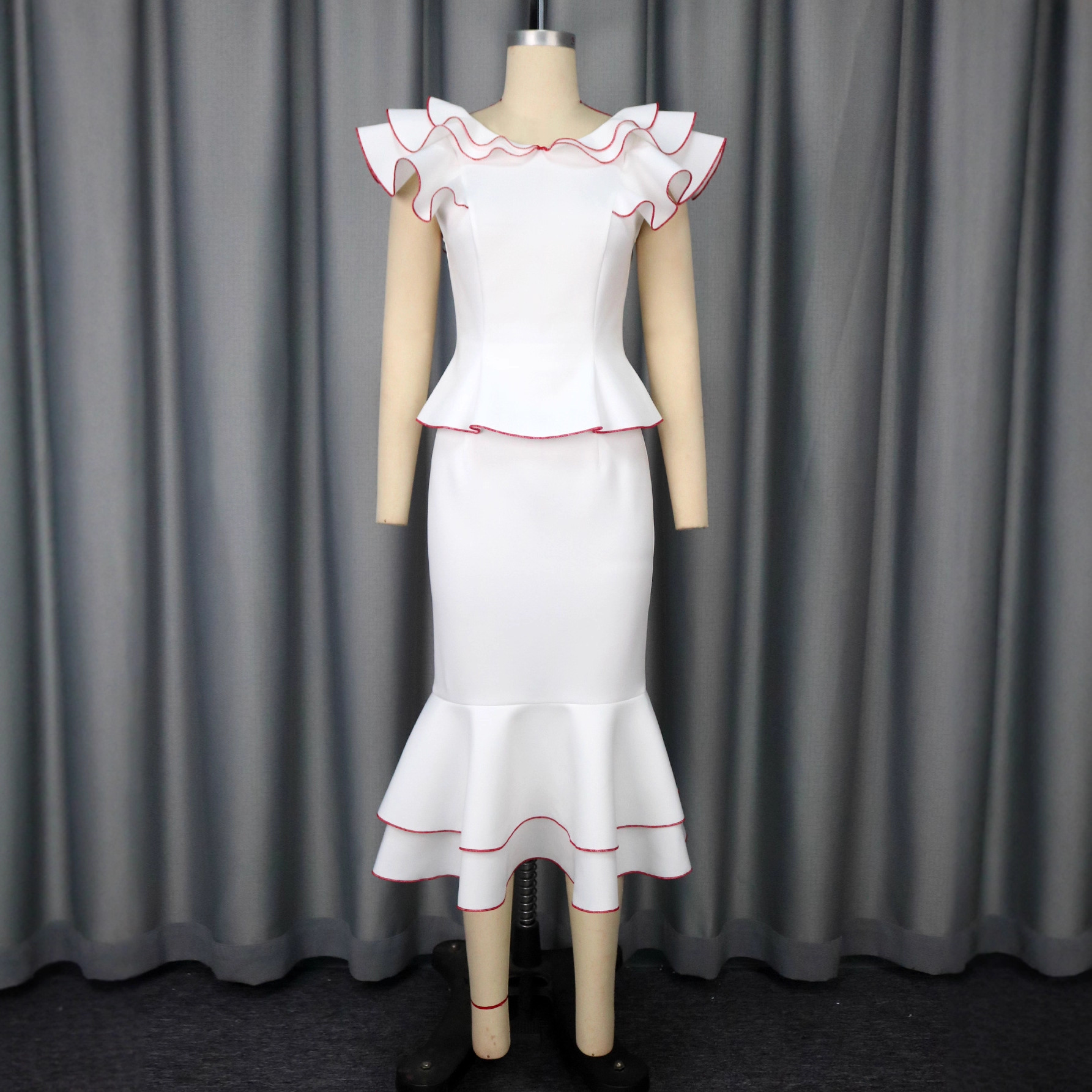 Women's Ruffled Contrast Color Top Temperament Slim Fishtail Skirt Suit - Image 2