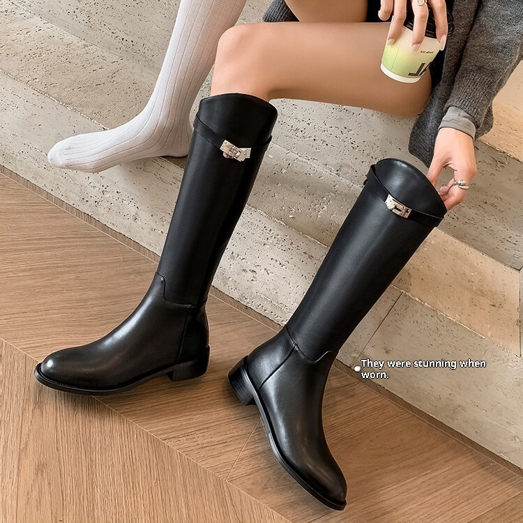 First Layer Cowhide Lock Knight Boots Big Tube Circumference Genuine Leather Below The Knee High Boots - Image 5