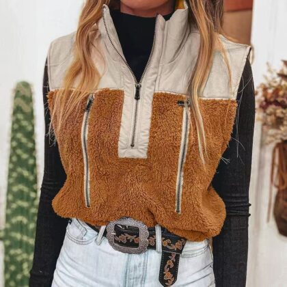 Women's Casual Stand Collar Stitching Wool Vest