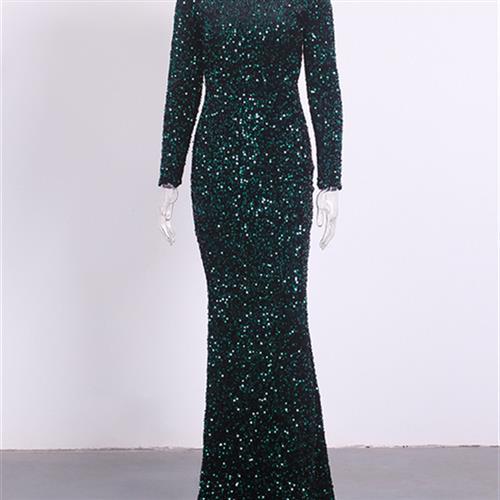 Women Modest Stretch Sequin Royal Blue Evening Prom Gown Party - Image 3