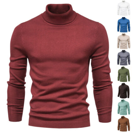 Winter Turtleneck Sweater Fashion Slim Fit Solid Color Pullover Knitted Top Men's Clothing