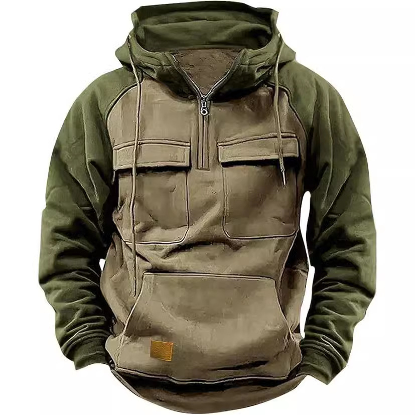 Fall Winter Retro Cargo Hoodies Men's Half Zipper Solid Warm Fleece Sweatshirts Multi Pockets Male Hooded Jackets Thick Outdoor Hooded - Image 3