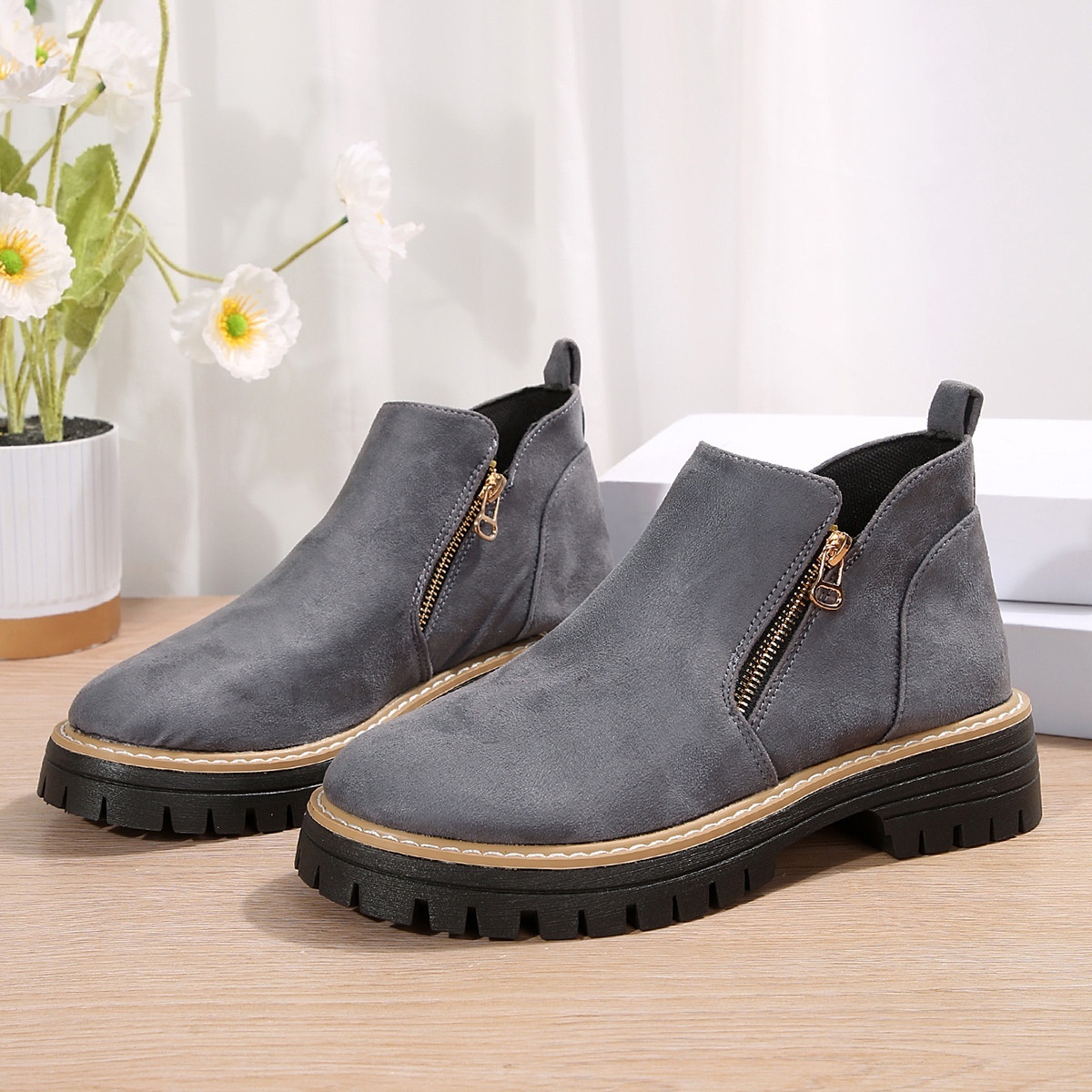 Fashion Ankle Boots With Side Zipper Ins Chunky Boots Autumn Winter Suede Shoes Women - Image 9