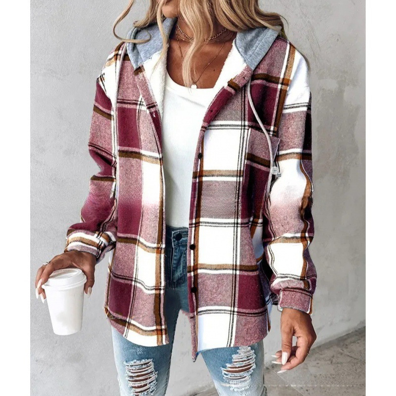 Plaid Hooded Jacket Fashion Casual Button Pocket Coat Autumn And Winter Women's Clothing — изображение 6