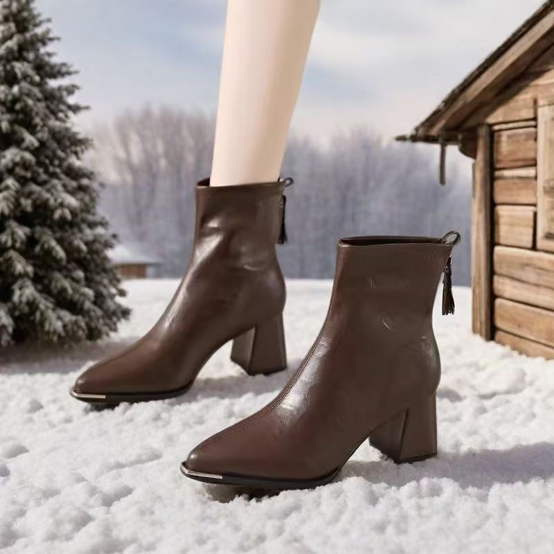 Pointed Toe Simple Fashion Chunky Heel Comfortable Retro All-matching Women's Boots - Image 3