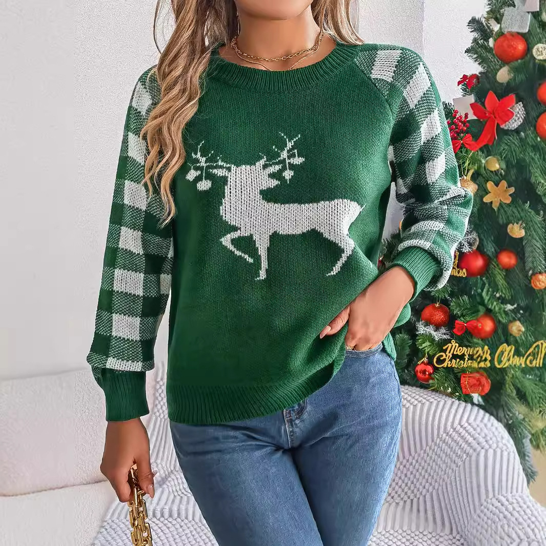 Christmas Women's Casual Plaid Deer Long Sleeve Pullover Sweater - Image 2