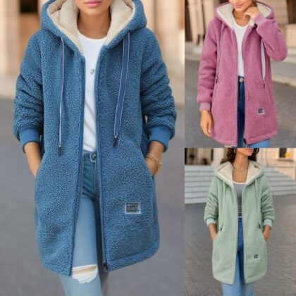 Winter Fleece Hooded Jacket Fashion Casual Zip-up Pockets Long Sweatshirt Warm Commuter Women's Clothing