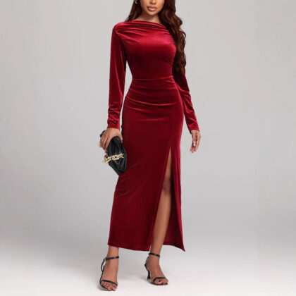 Women's Clothing Slit Formal Dress Pleuche Dress