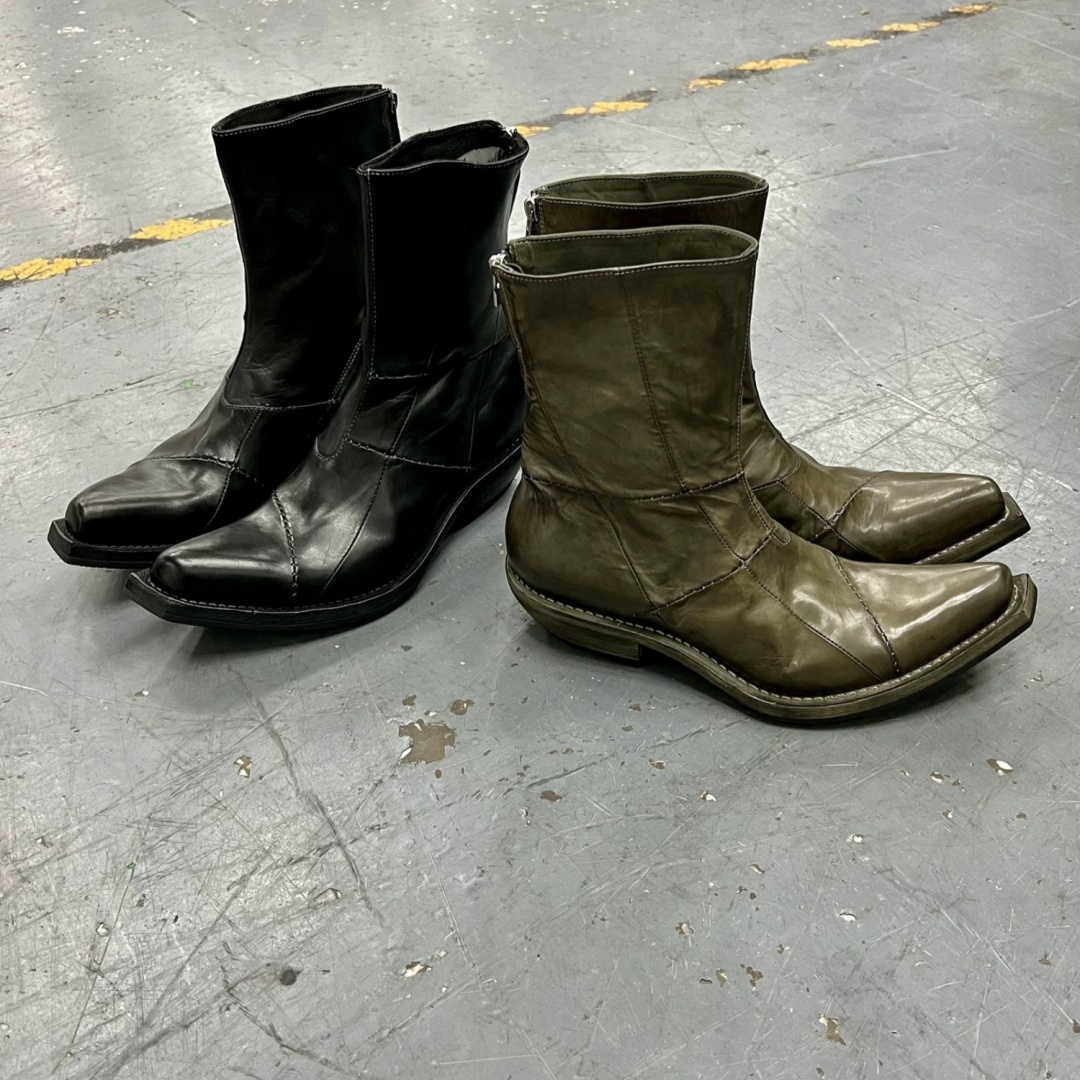 Men's Retro Dark Stitched Patchwork Square Toe Boots - Image 3