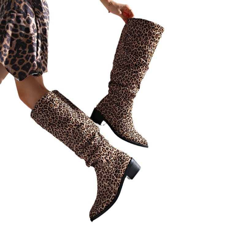 Fashion Square Toe Chunky Heel High Heel Leopard Print Boots - Image 5