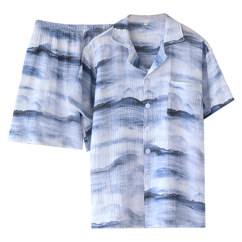 Cotton Double Yarn Crepe Short Sleeve Shorts Men's Pajamas Suit — изображение 5