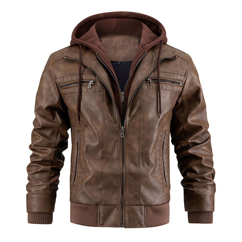 Hooded Jacket With Zipper Pockets Fashion Warm Pu Leather Coat Mens Clothing - Image 6